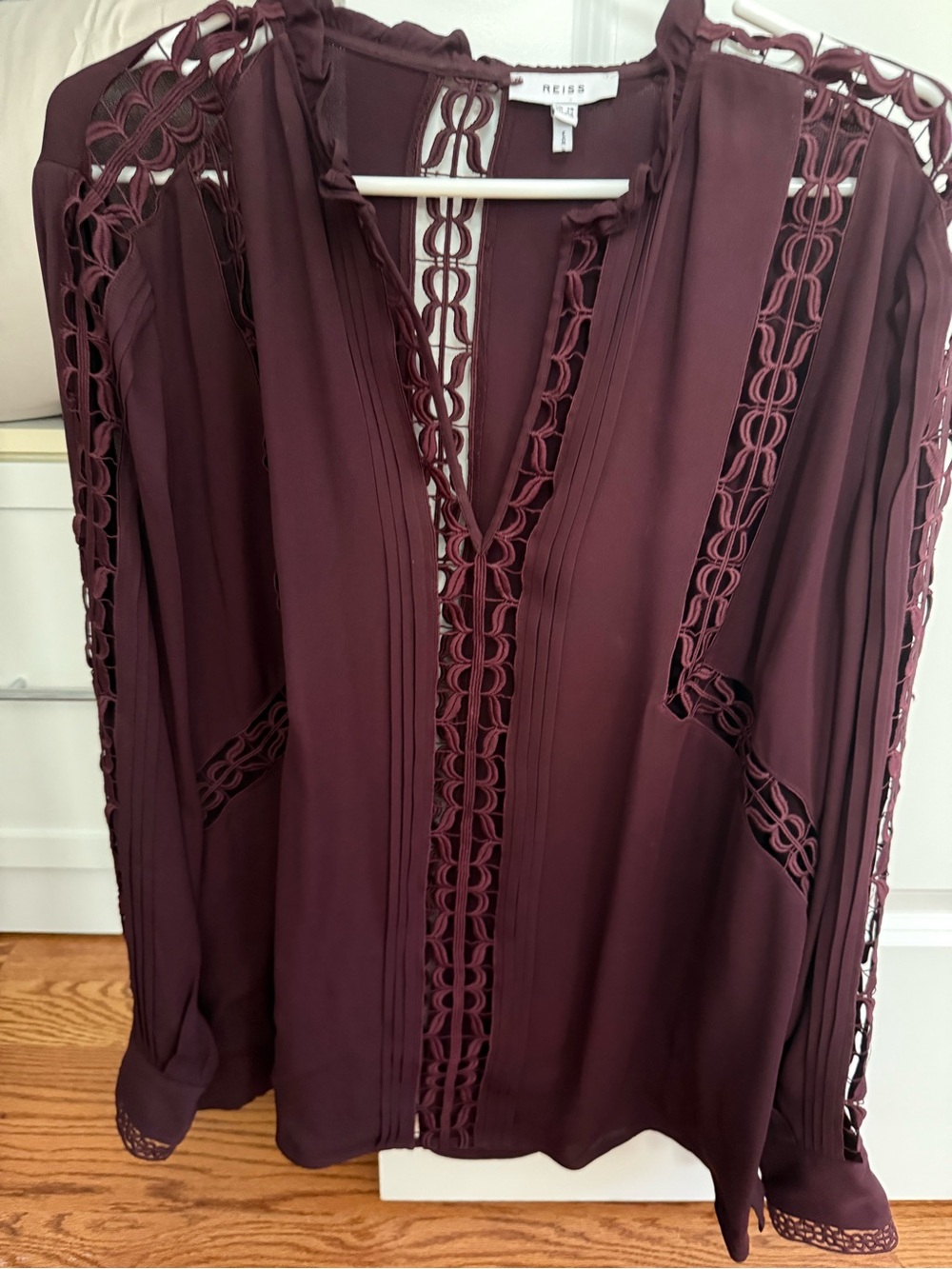 Reiss Women's Deep Burgundy Crochet-Trim Blouse size 10